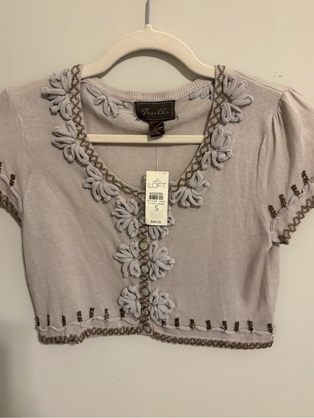 LOFT Light Gray Embellished Short Sleeve Cropped Cardigan